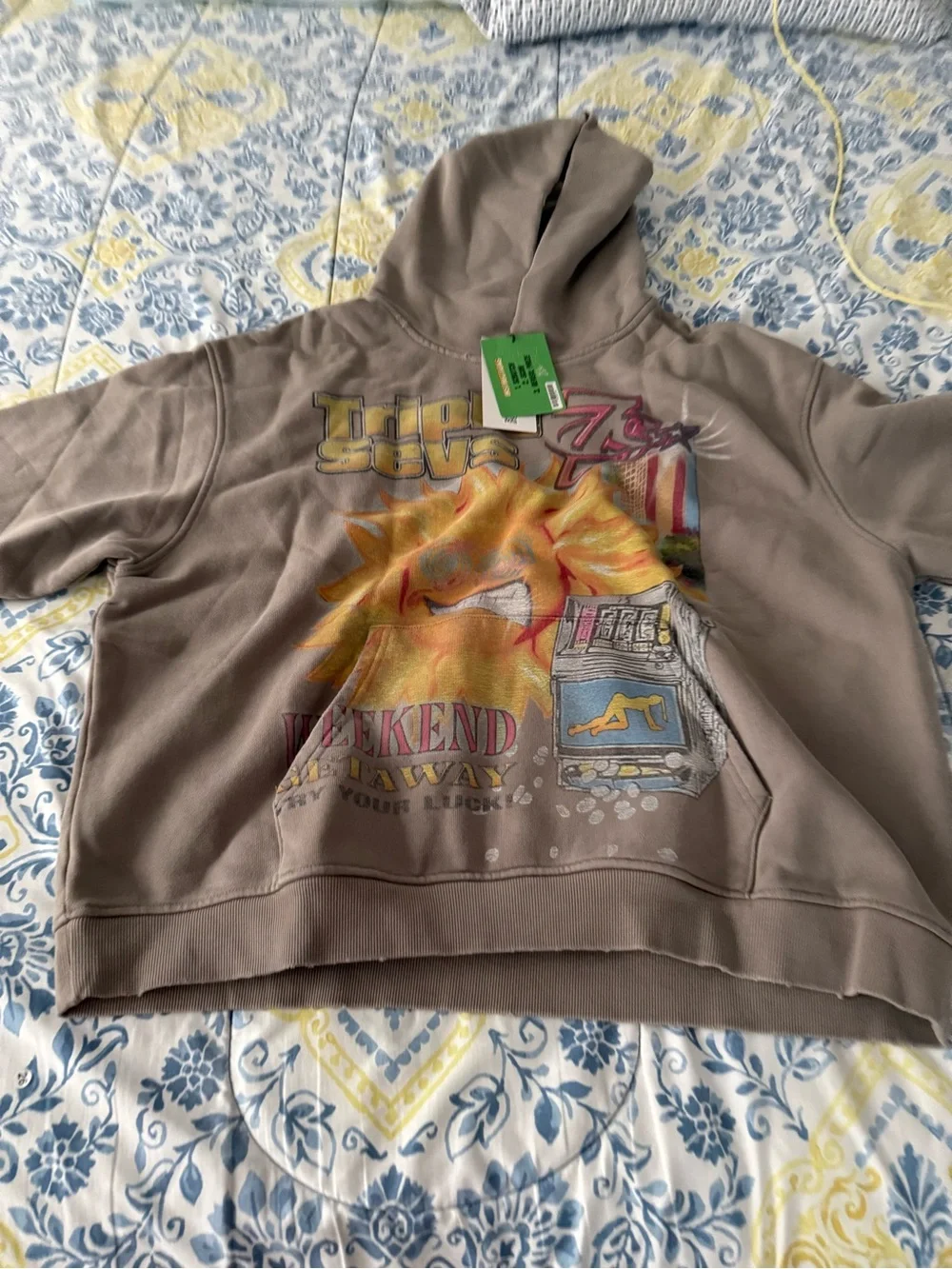 Triple 7 Mens Graphic Hoodie with Vintage-Inspired Print - Taupe